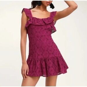 NWT Lulus Women Biscay Magenta Ruffled Eyelet Lace Sleeveless Dress Pink Size M